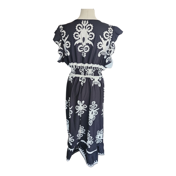 Black and White Floral Midi Dress V Neck Flutter Sleeve XL - Picture 4 of 7